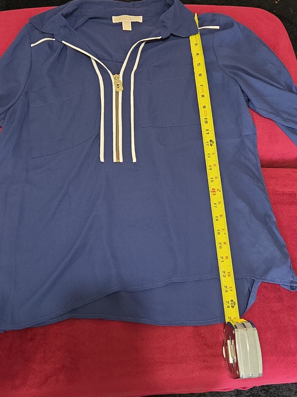 Michael Kors Blouse XL Navy Blue Zip Front Roll Tab Sleeve Shirt Gently Used - Picture 14 of 16